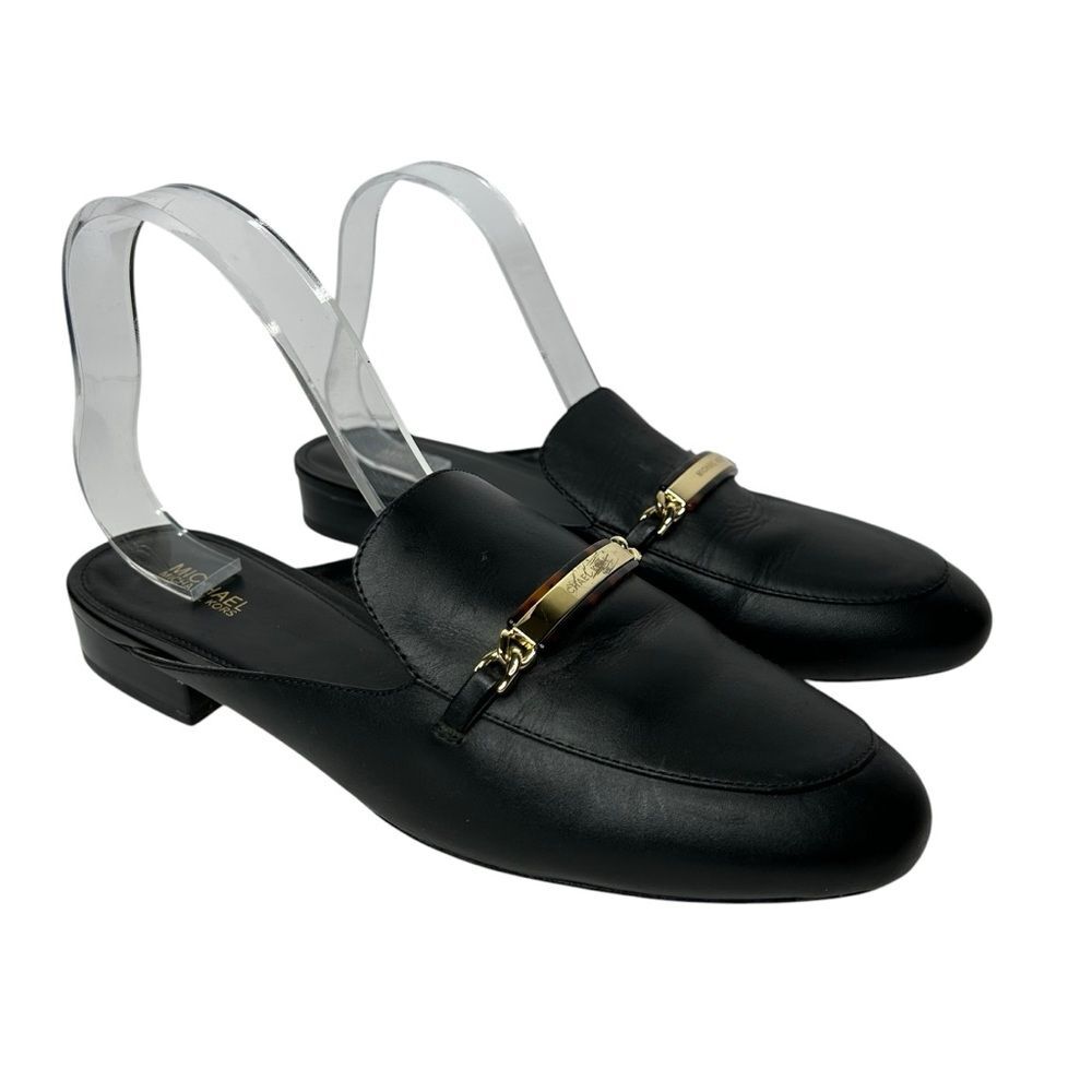 Michael Kors Black Leather Nadia Flat Mules loafers 10 slip on